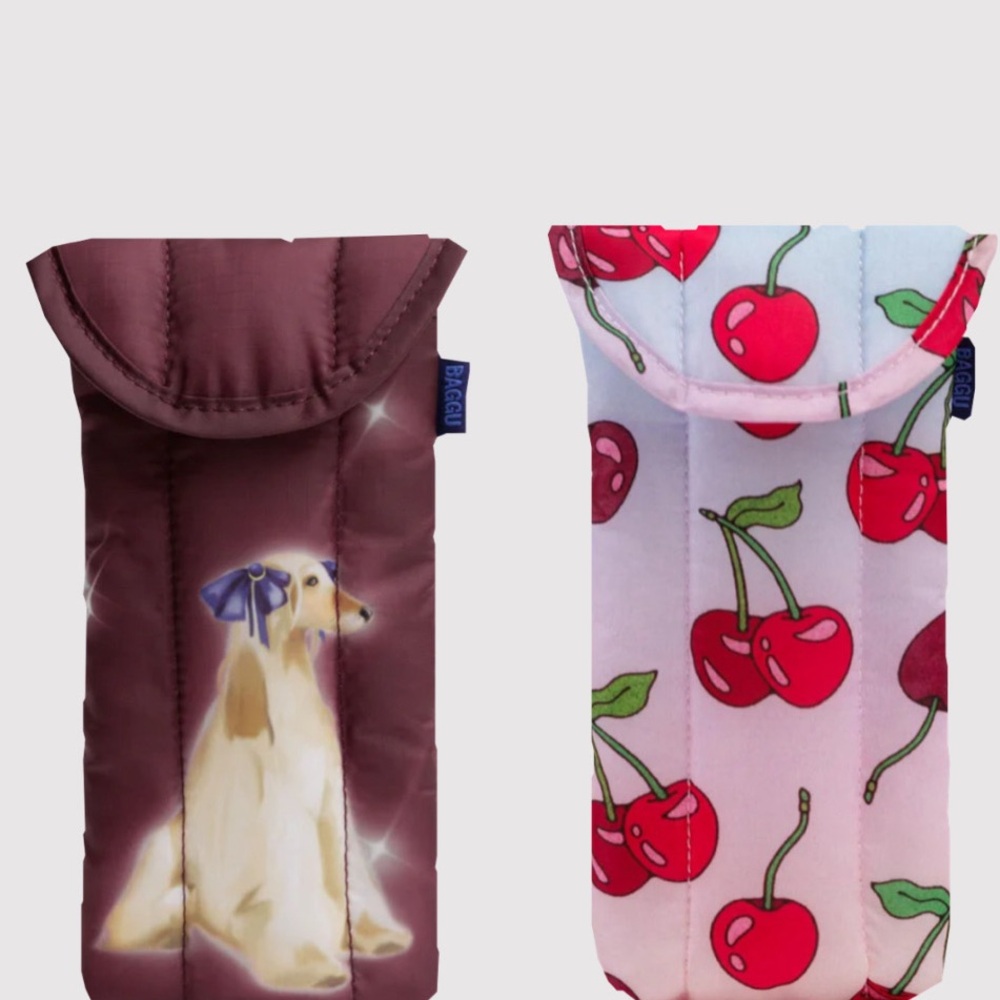 BAGGU Set of (2) Puffy Glasses Sleeves Fancy Dogs, Cherries,